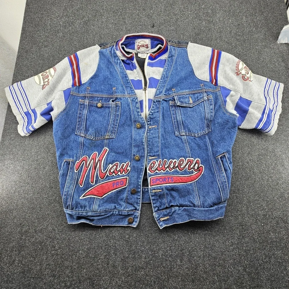 Vintage Maneuvers Sports Denim Jean‎ Faux Layered Vest Jacket Short Sleeve XL
